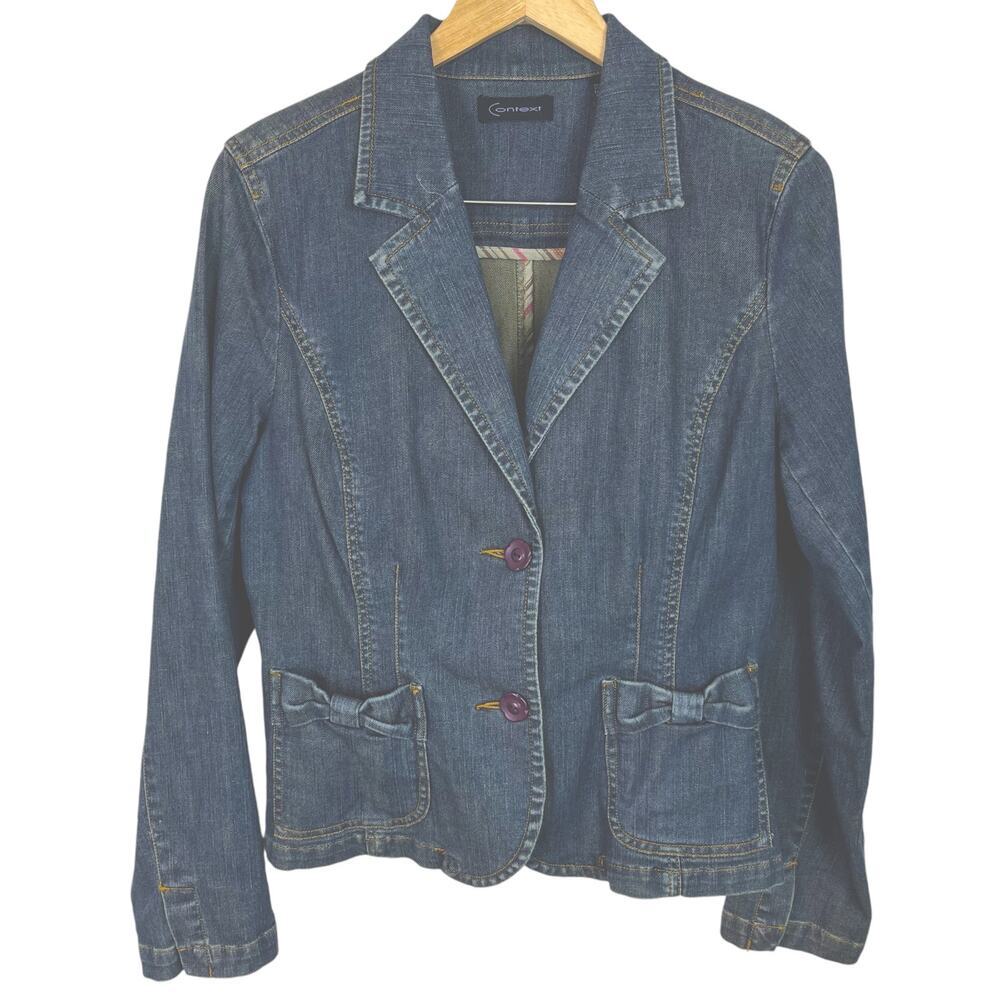 Vintage Context Womens Size L Two Button Jean Blazer Front Bow Pockets